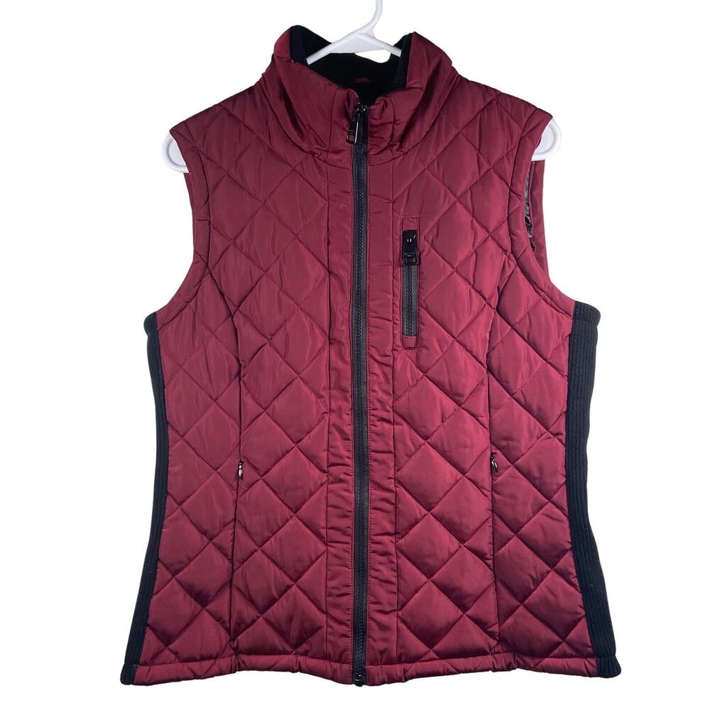 Andrew Marc Quilted Puffer Vest Womens Size M Burgundy Full Zip Stretch Knit Sds